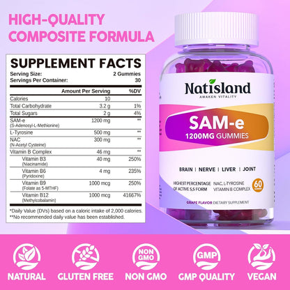 SAM-e with L-Tyrosine Gummies, Methylated B-Vitamin Complex & NAC - 60 Gummies