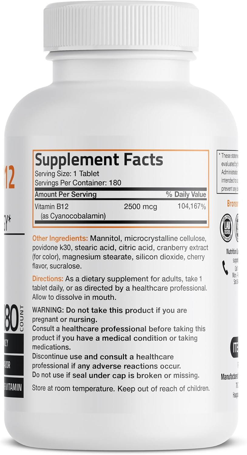 Bronson Vitamin B12 2500mcg Sublingual Tablets - Cherry Flavoured Fast Dissolve - 180 Tablets - görsel 2