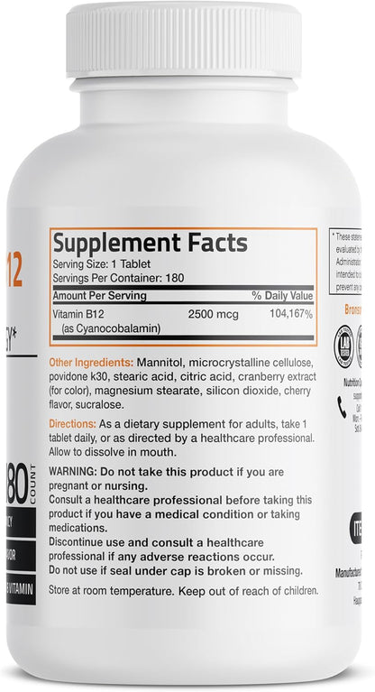 Bronson Vitamin B12 2500mcg Sublingual Tablets - Cherry Flavoured Fast Dissolve - 180 Tablets