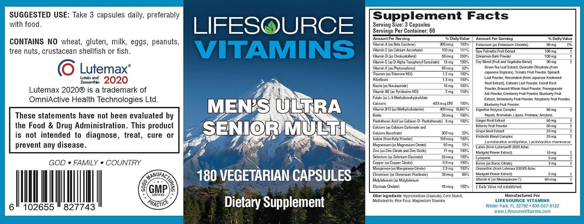 LifeSource Vitamins Men's Senior Multi - Vegetarian - Complete Multivitamin for Men 50+ - 180 Capsules (60-Day Supply) - görsel 2