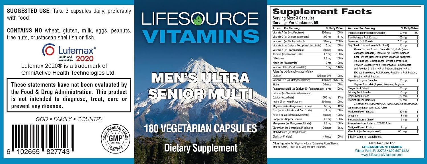 LifeSource Vitamins Men's Senior Multi - Vegetarian - Complete Multivitamin for Men 50+ - 180 Capsules (60-Day Supply) - görsel 2