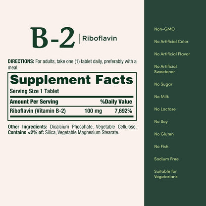 Nature's Bounty Vitamin B2 100mg Riboflavin Food Supplement, 100 Coated Tablets