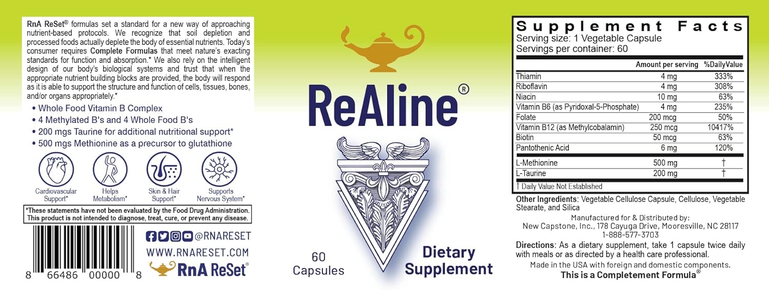 RnA ReSet ReAline – Methylated B Complex with Taurine & Methionine, Active B Vitamins (60 Capsules) NSF Certified - görsel 3