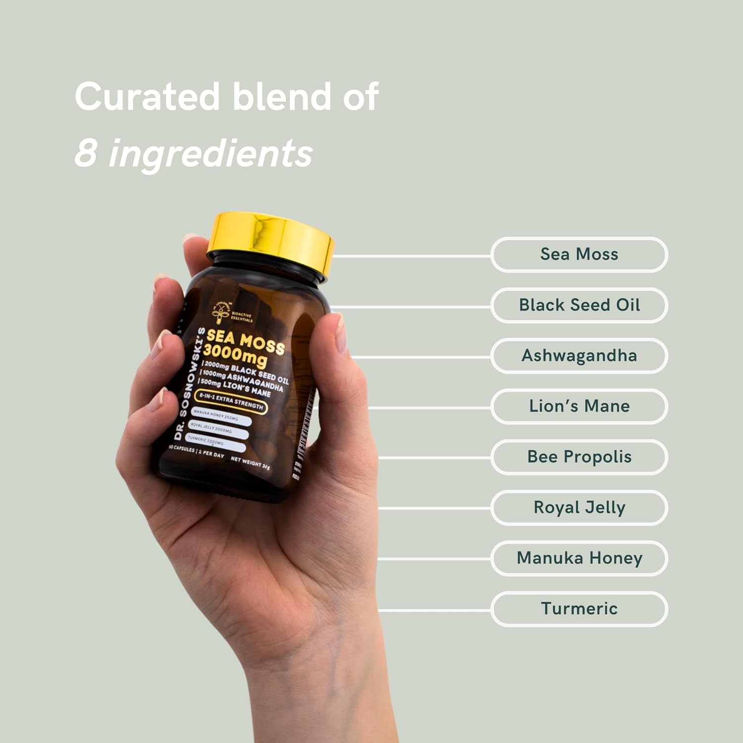 Dr Sosnowski's BioActive Sea Moss | 8-in-1 Formula Enriched with Black Seed, Ashwagandha, Turmeric, Manuka Honey, Lion's Mane, Royal Jelly, Bee Propolis Extract | 60 Capsules - görsel 3
