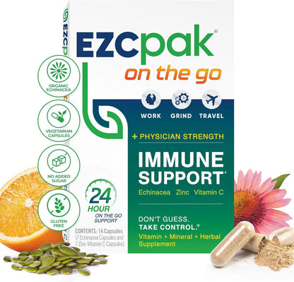 EZC Pak On The Go Immune Support with Echinacea, Vitamin C & Zinc - Travel-Friendly Immunity Supplement for Adults - Vegetarian & Gluten-Free
