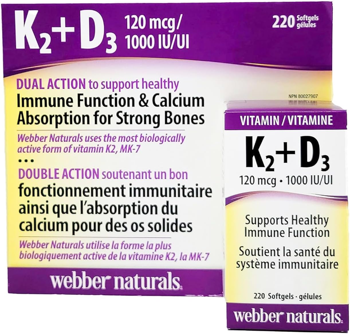 Webber Naturals K2 + D3 120 mcg/1000 IU - 220 Soft gel capsules - görsel 1