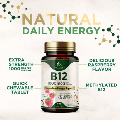 Nature's Nutrition Vitamin B12 1000 mcg Methylcobalamin Chewable Tablets, 120 Count