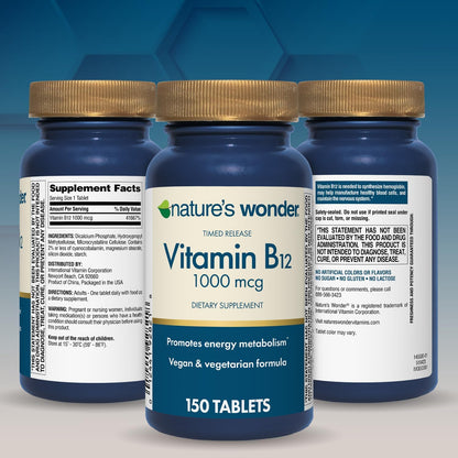 Nature's Wonder Vitamin B12 1000 mcg Timed Release Tablets for Energy Metabolism, Supports Normal Nervous System and Psychological Function, 150 Day Supply, 150 Tablets