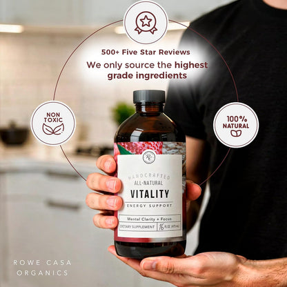 Rowe Casa Organics Vitality Energy Support with Strawberry, Guarana & Rhodiola Extract – Botanical Caffeine Liquid Vitamins for Daily Energy & Vitality – Adults – 473 ml