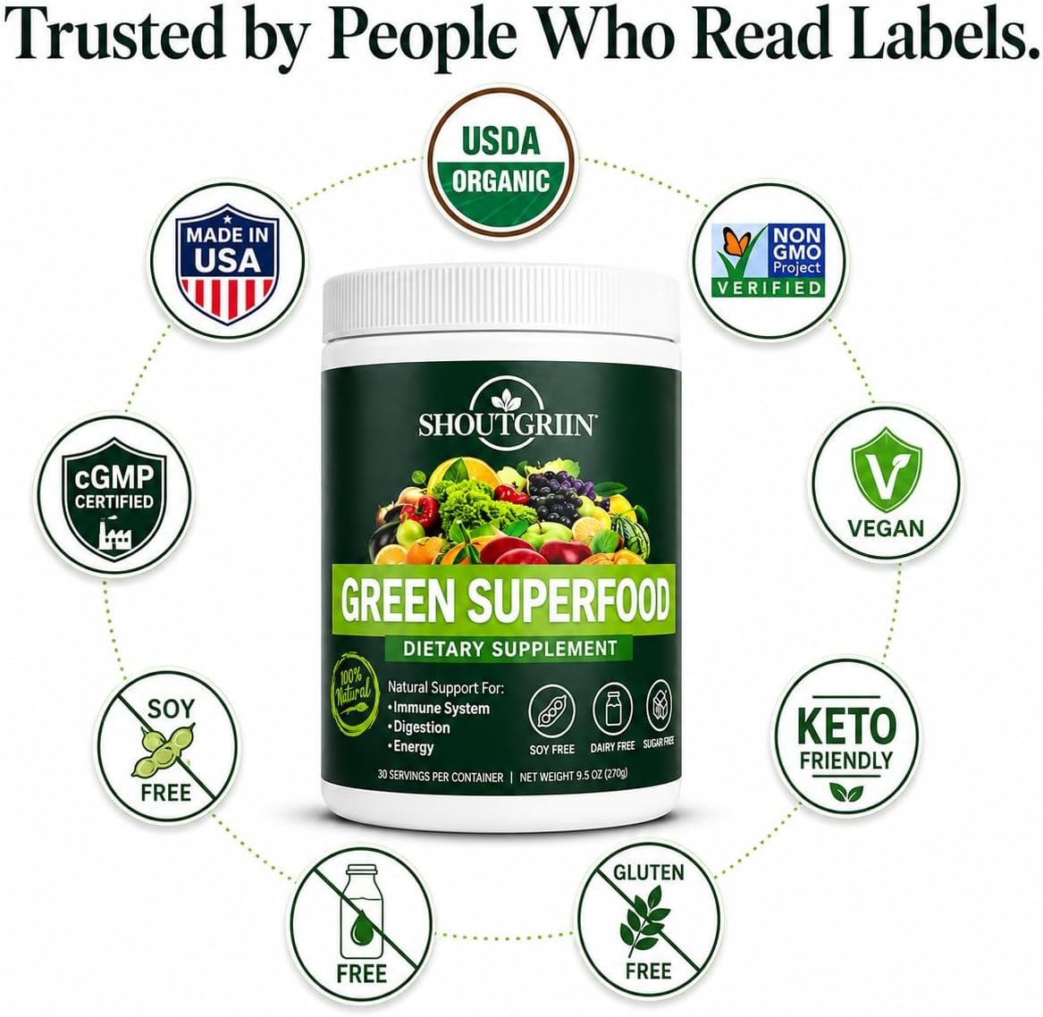 SHOUTGRIIN Green Superfood Powder – Organic Super Greens with 100 Billion CFU Probiotics & Digestive Enzymes - görsel 8