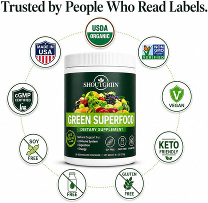 SHOUTGRIIN Green Superfood Powder – Organic Super Greens with 100 Billion CFU Probiotics & Digestive Enzymes