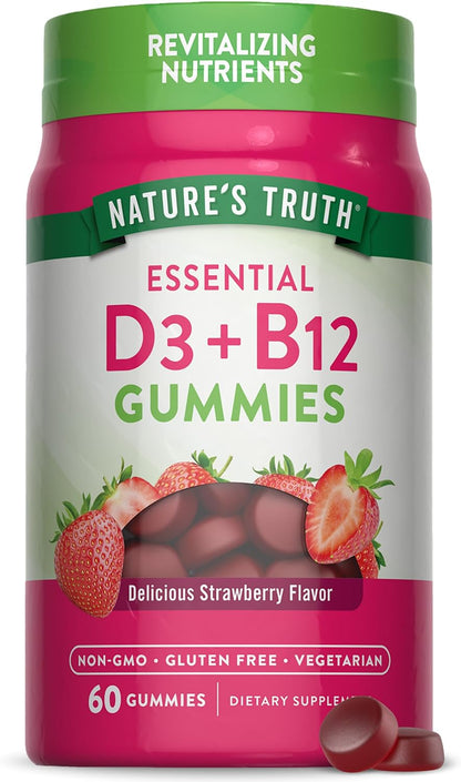 Nature's Truth Vitamin D3 and B12 Gummies for Adults, 60 Gummies, Strawberry Flavour, Vegetarian, Non-GM & Gluten-free