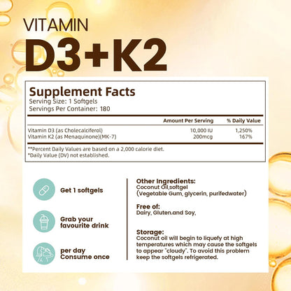 VivoNu Vitamin D3 and K2 10000 IU with MK7-300 Virgin Coconut Oil Soft gel capsules, 2 in 1 Vitamins D & K Complex (180 Capsules)