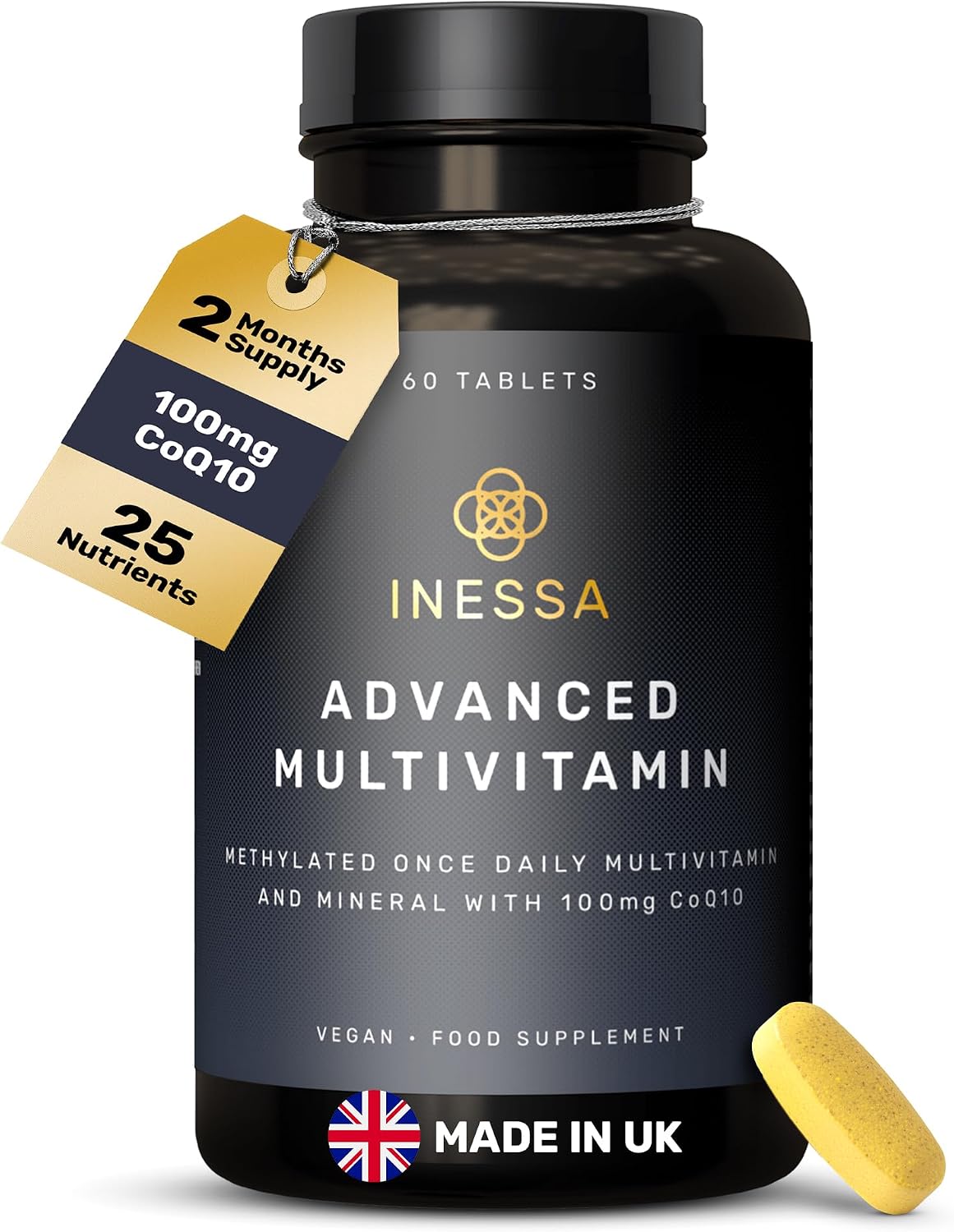 Inessa Methylated Multivitamin for Men and Women - Premium Natural Daily Multivitamins with CoQ10 100mg, Vitamins D3, K2, A, B Complex Vitamins, Folic Acid & Zinc - 60 Vegan Tablets - görsel 1
