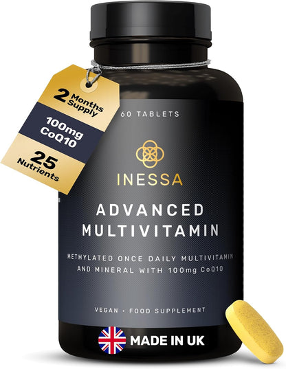 Inessa Methylated Multivitamin for Men and Women - Premium Natural Daily Multivitamins with CoQ10 100mg, Vitamins D3, K2, A, B Complex Vitamins, Folic Acid & Zinc - 60 Vegan Tablets