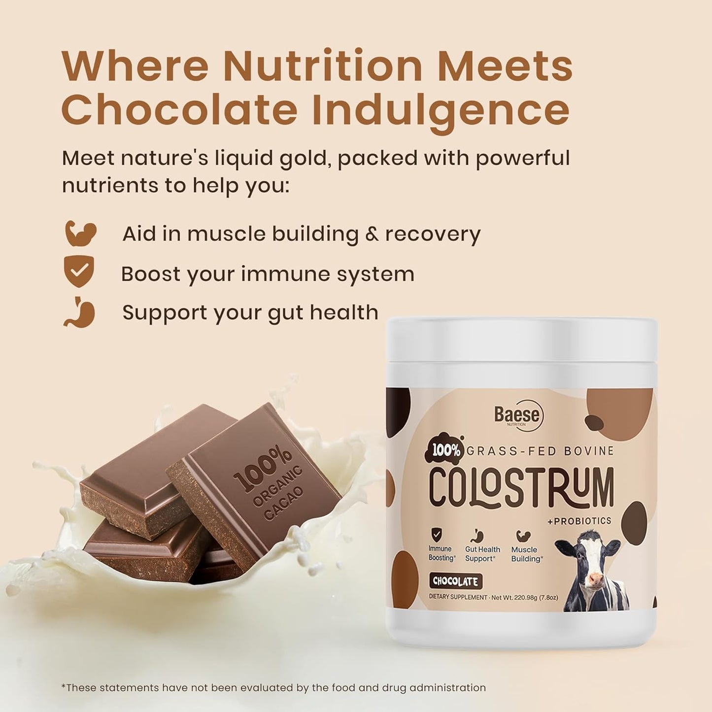 Organic Chocolate 4000mg Grass-fed Bovine Colostrum Powder + Probiotics with Immunoglobulins – 220.98g - görsel 2