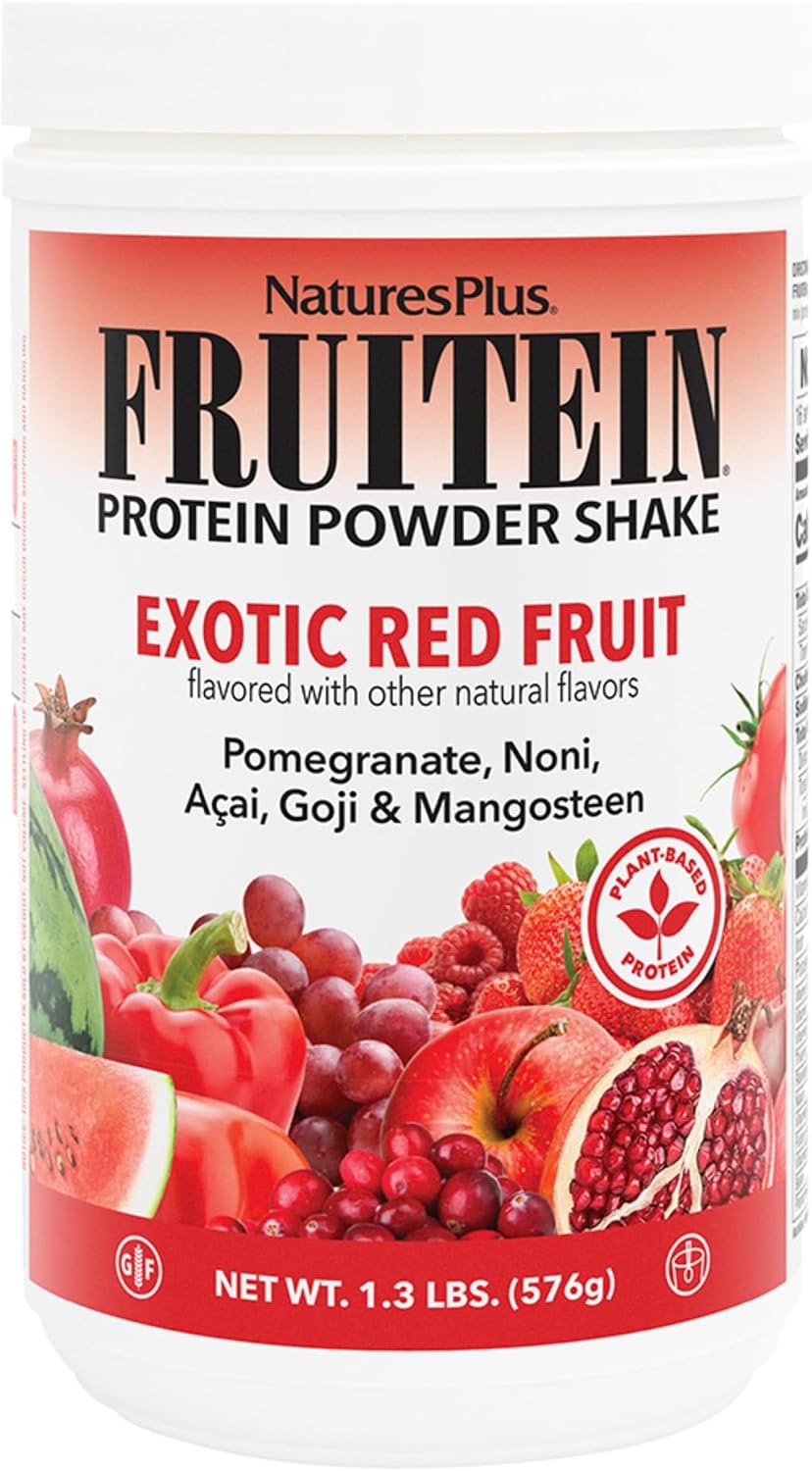 NaturesPlus FRUITEIN Exotic Red Fruit Shake - Plant-Based Protein & Multivitamin Powder, 590g - görsel 1