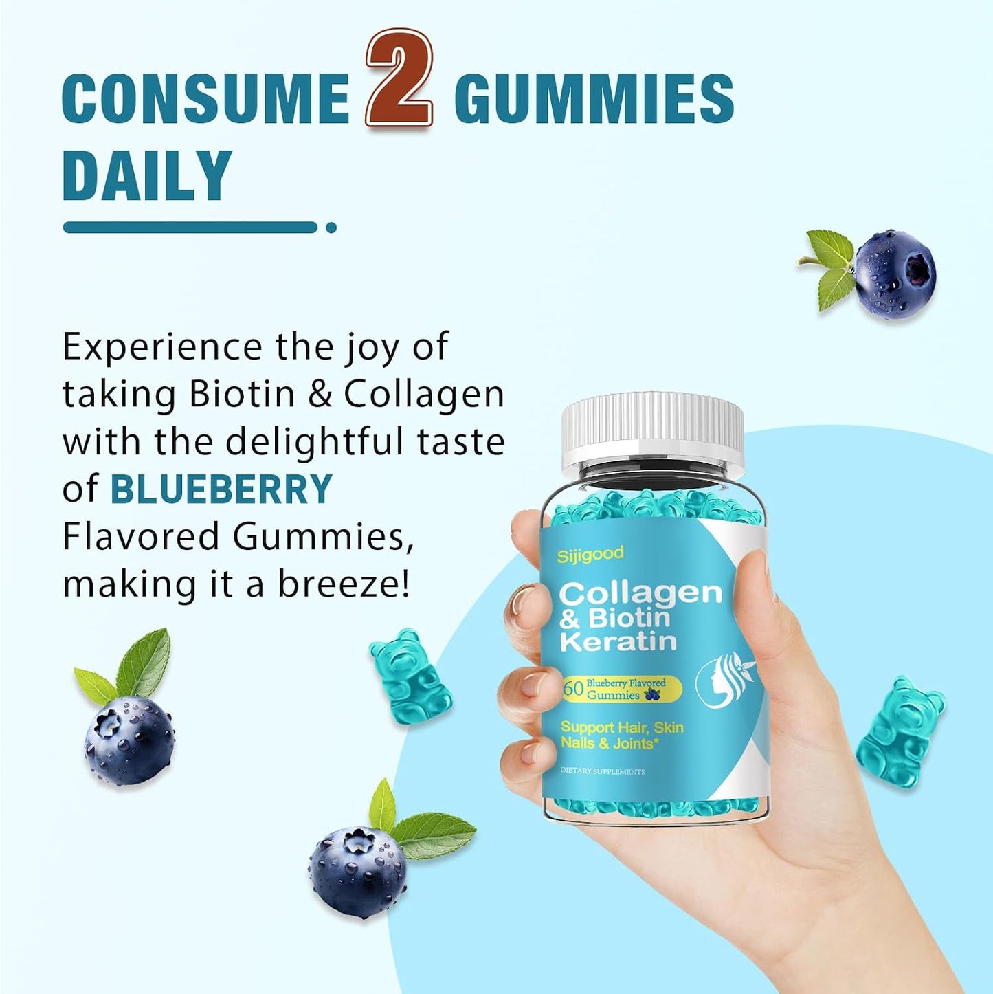 2 Pack Biotin Gummies with Collagen, Keratin, Hyaluronic Acid, Vitamins for Skin, Hair Growth, Nails – Blueberry Flavoured, 120 Gummies - görsel 5