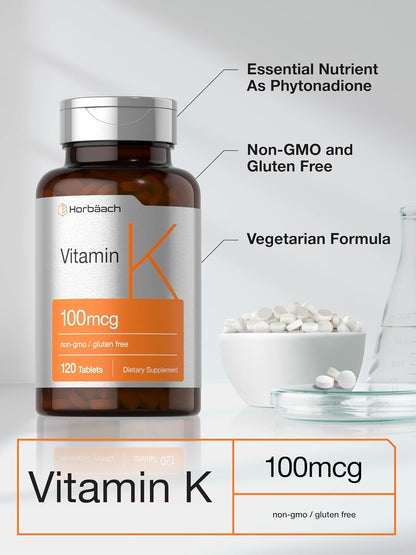 Horbäach Vitamin K Supplement | 100mcg | 120 Tablets | Vegetarian, Non-GM & Gluten-free