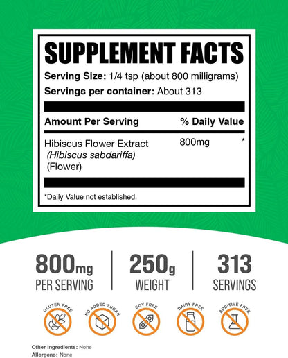 BulkSupplements.com Hibiscus Flower Extract Powder - 800mg per Serving, 250g