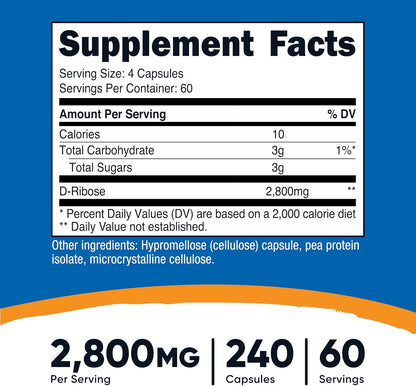 Nutricost D-Ribose, 700mg per Capsule (2800mg per Serving), 240 Capsules