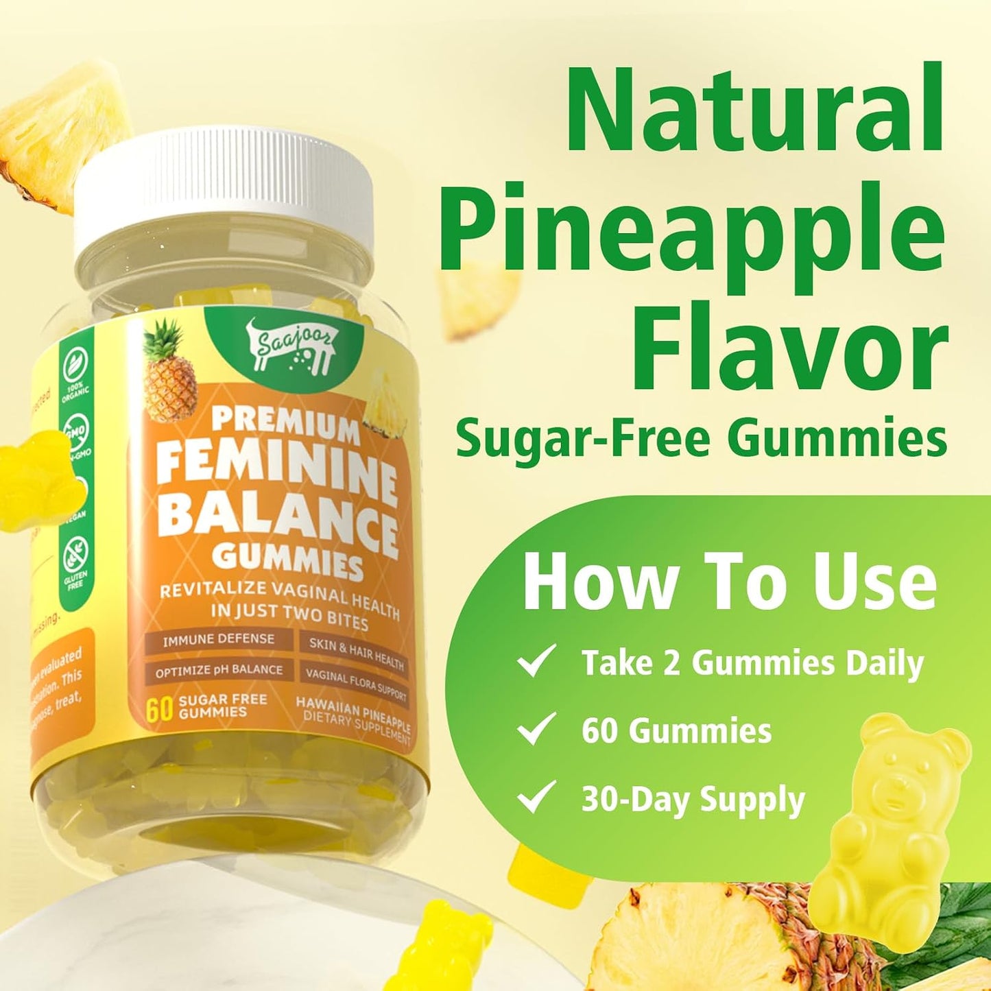 Premium Feminine Balance Gummies for Women's Immune Function, Hawaiian Pineapple Gummies Support pH Balance & Immune Function, Vegan, Gluten-free, 60 Gummies - görsel 6