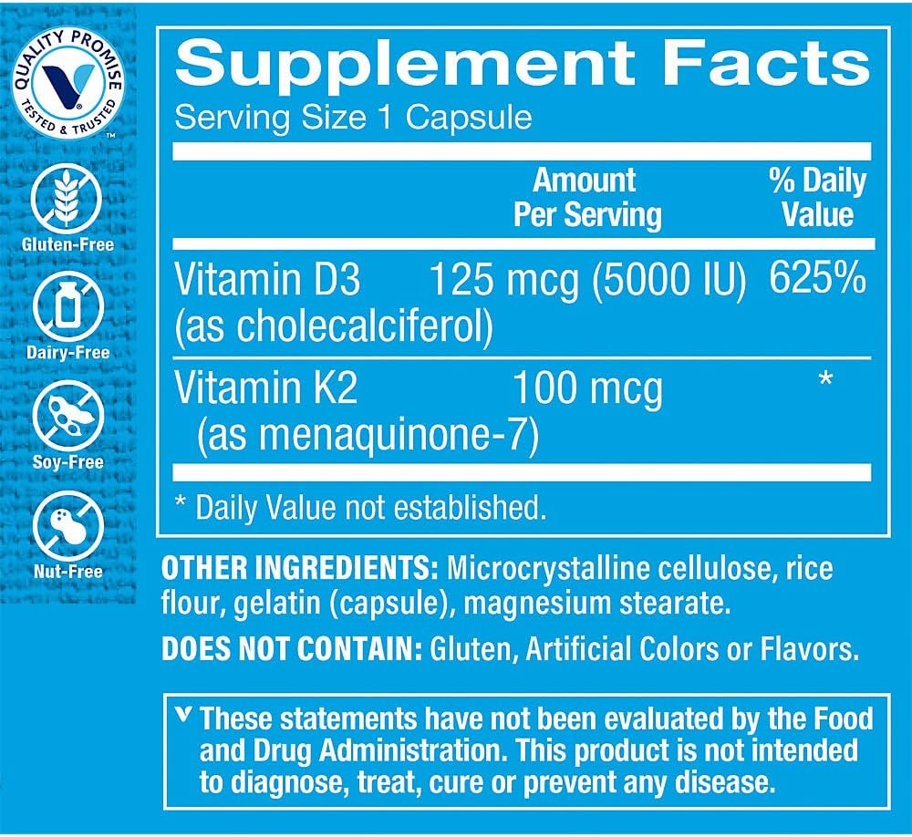 The Vitamin Shoppe Vitamin D3 & K2 5000 IU - Bone Density & Heart Health | D3 + K2 MK-7 | 120 Capsules - görsel 2