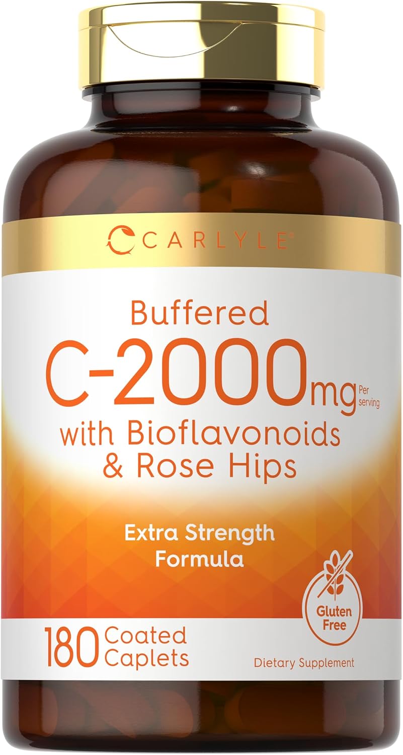 Carlyle Buffered Vitamin C | 2000mg | 180 Caplets | with Bioflavonoids and Rose Hips | Vegetarian, Non-GM, and Gluten-free Food Supplement - görsel 1