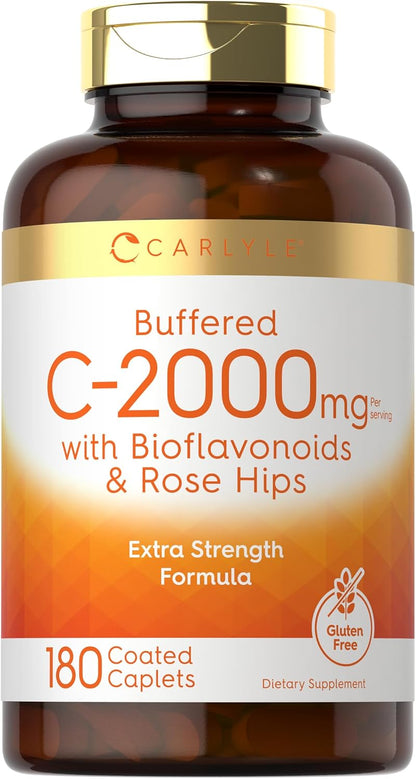 Carlyle Buffered Vitamin C | 2000mg | 180 Caplets | with Bioflavonoids and Rose Hips | Vegetarian, Non-GM, and Gluten-free Food Supplement