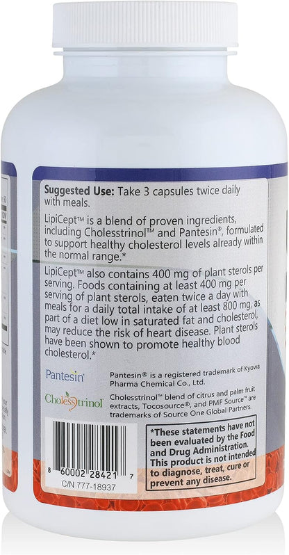 LipiCept – Natural Cholesterol Support Supplement with Plant Sterols – Helps Maintain Normal Cholesterol Levels – 180 Capsules