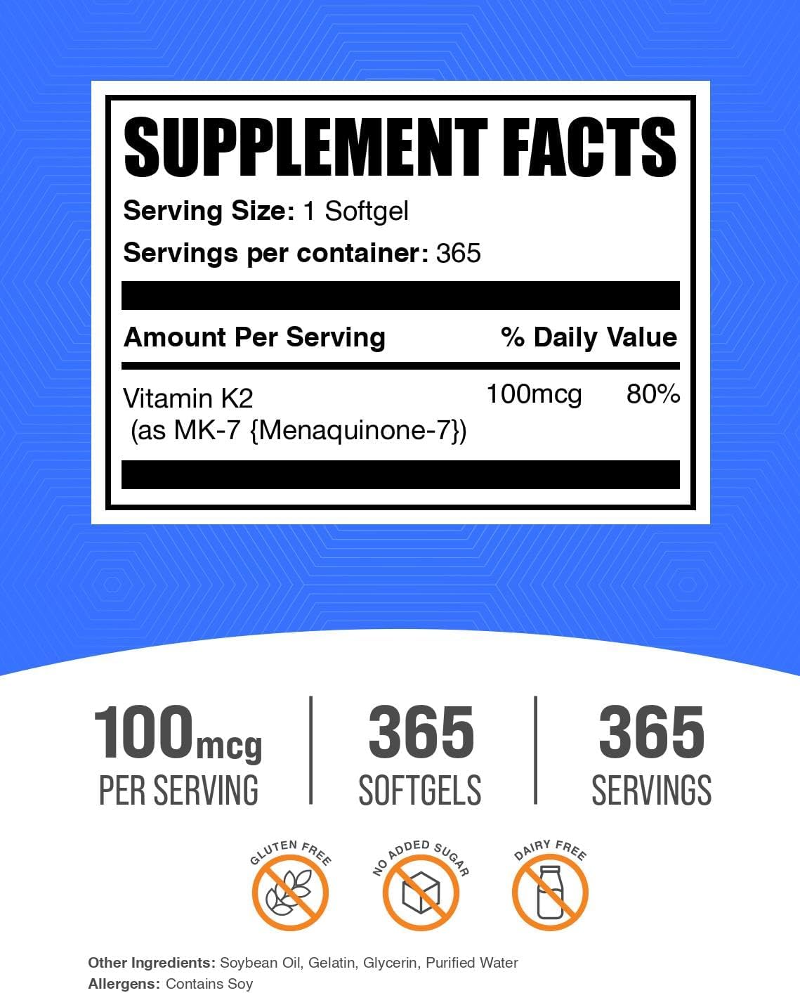 BulkSupplements.com Vitamin K2 Softgels - Vitamin K2 MK7, Vitamin Supplement - Gluten-free, 1 Soft gel capsule per Serving, 365 Count (Pack of 1) - görsel 2