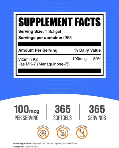 BulkSupplements.com Vitamin K2 Softgels - Vitamin K2 MK7, Vitamin Supplement - Gluten-free, 1 Soft gel capsule per Serving, 365 Count (Pack of 1)