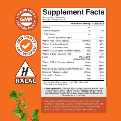 Potent Daily Multivitamin Gummies for Adults – Wellness Blend of Vitamin D, A, C, E, B12, Zinc, and Biotin – Non-GMO, Gluten-free, Halal – 180 Gummies
