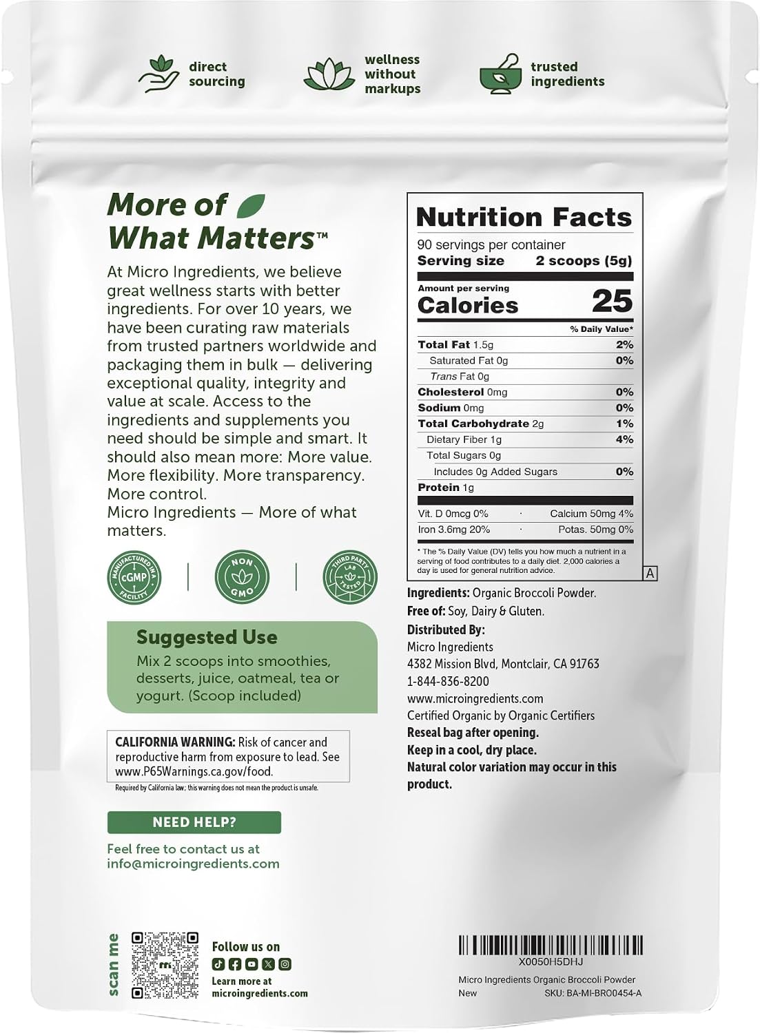 Micro Ingredients Organic Broccoli Powder, 454g | Raw Broccoli Powder | for Smoothies, Drinks & Recipes | USDA Organic, Non-GMO, Gluten-free, Vegan Friendly - görsel 7