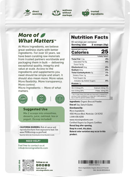 Micro Ingredients Organic Broccoli Powder, 454g | Raw Broccoli Powder | for Smoothies, Drinks & Recipes | USDA Organic, Non-GMO, Gluten-free, Vegan Friendly