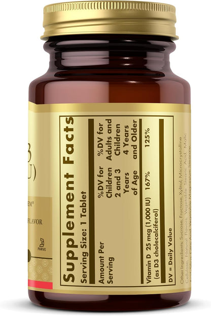 Solgar Vitamin D3 (Cholecalciferol) 25 mcg (1000 IU) Chewable Tablets, Natural Strawberry & Banana - 100 Tablets