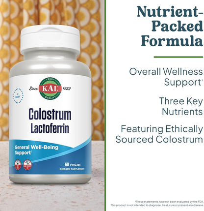 KAL Colostrum Lactoferrin – 20% Immunoglobulins, Lactoferrin & Beta Glucan – Immune Support Food Supplement, 60 Capsules