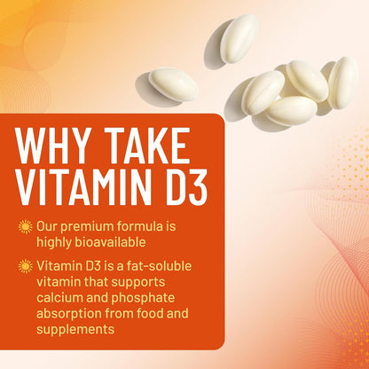 Vitamin D-3 5000 IU (125 mcg) Per Serving Softgels - Extra Strength Vitamin D Dietary Supplement for Bone, Teeth, Muscle Health & Immune Support, Rapid Absorption, Bottled in USA, Gluten-free - 60 Count