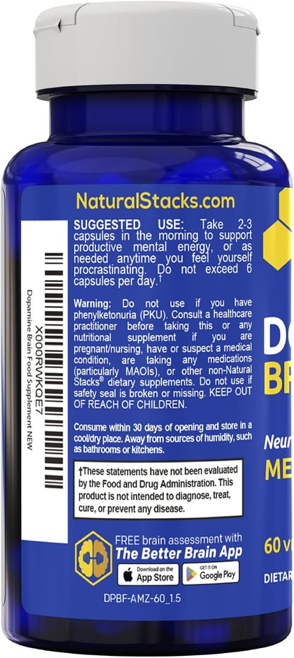 Natural Stacks Dopamine Brain Food – 650mg L-Tyrosine Supplement for Focus and Mental Drive – 60 Capsules