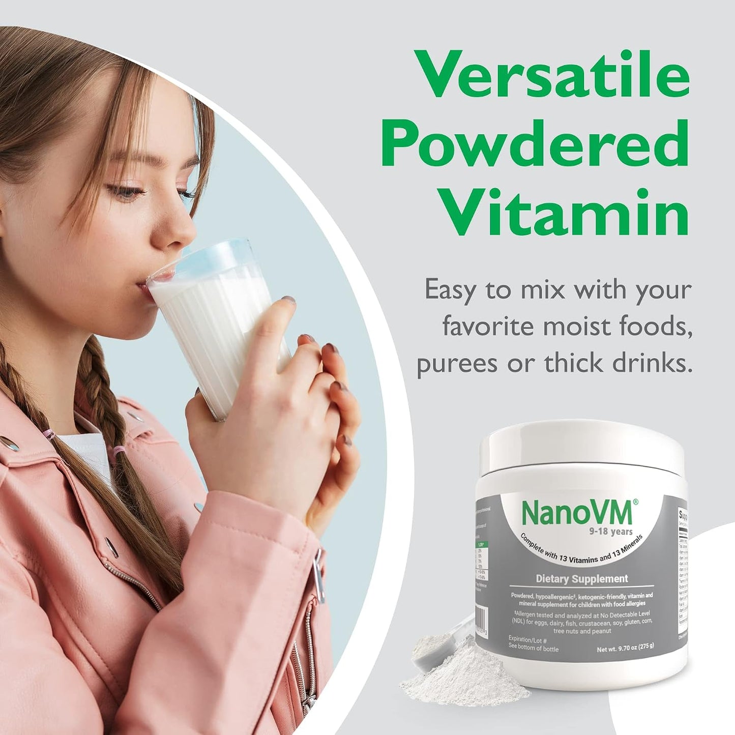 NanoVM Allergen-Free Children's Multivitamin Powder – Unflavoured, 13 Vitamins & 13 Minerals, Low-Carb (275g) - görsel 9