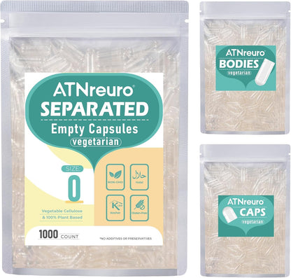 ATNreuro Vegan Separated Empty Capsules Size 0 (200 Count), Veggie Premium Empty Capsules for DIY Supplement Filling
