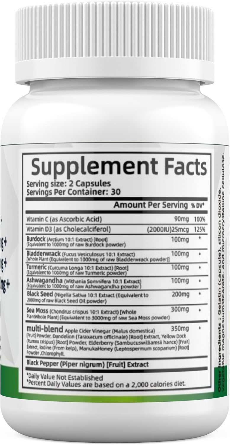 Super Sea Moss Blend - Advanced Formula with Ashwagandha KSM-66, Black Seed Oil, Burdock Root, Bladderwrack, Turmeric, Apple Cider Vinegar, Ayurveda - Lab Tested, Maximum Potency for Men and Women - görsel 2