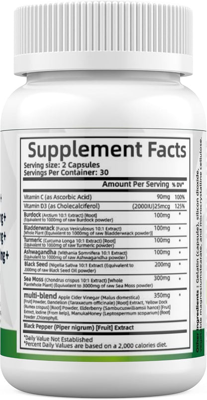 Super Sea Moss Blend - Advanced Formula with Ashwagandha KSM-66, Black Seed Oil, Burdock Root, Bladderwrack, Turmeric, Apple Cider Vinegar, Ayurveda - Lab Tested, Maximum Potency for Men and Women
