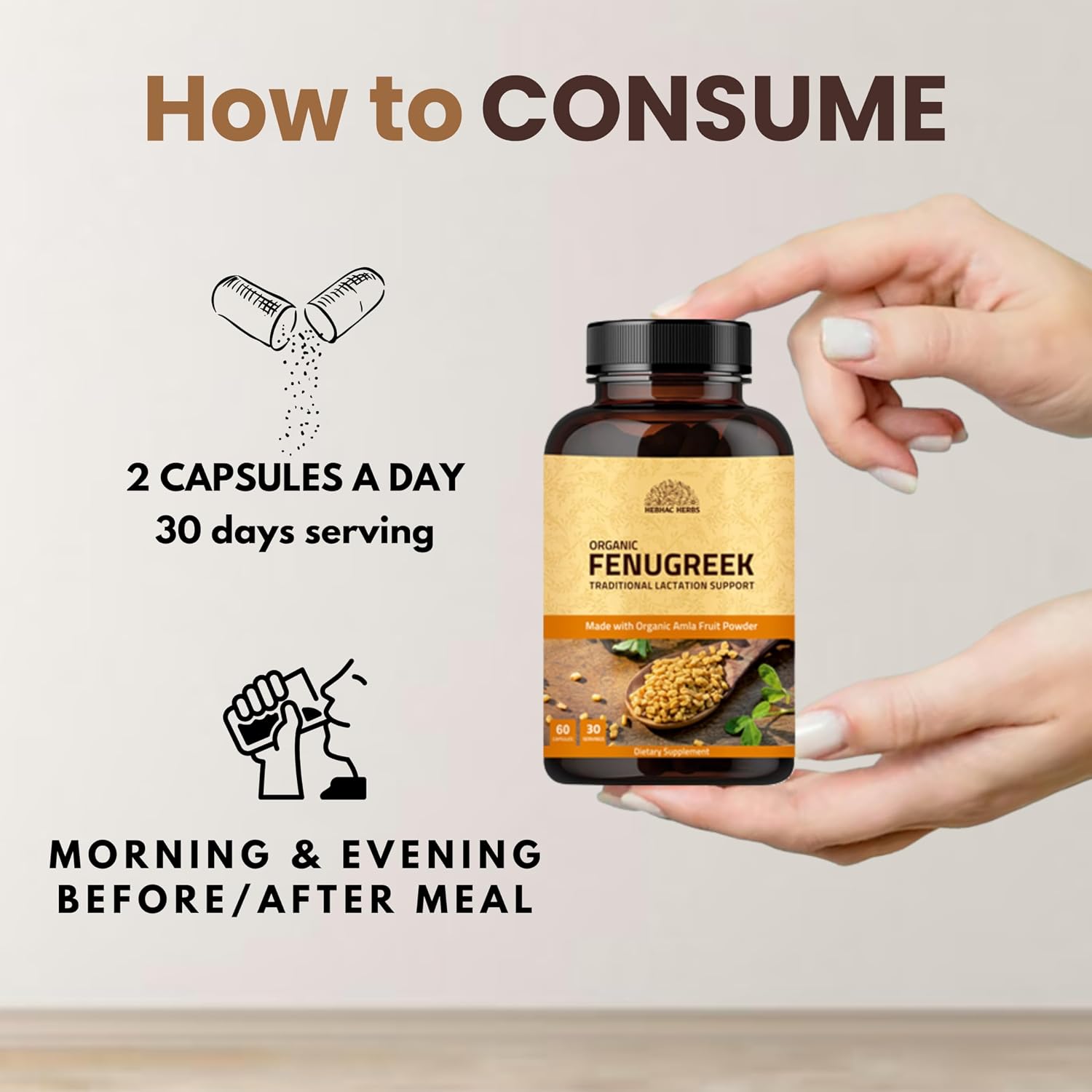 Hebhac Herbs Fenugreek Capsules – 1000mg Organic Breastfeeding Support (60 Capsules) - görsel 3
