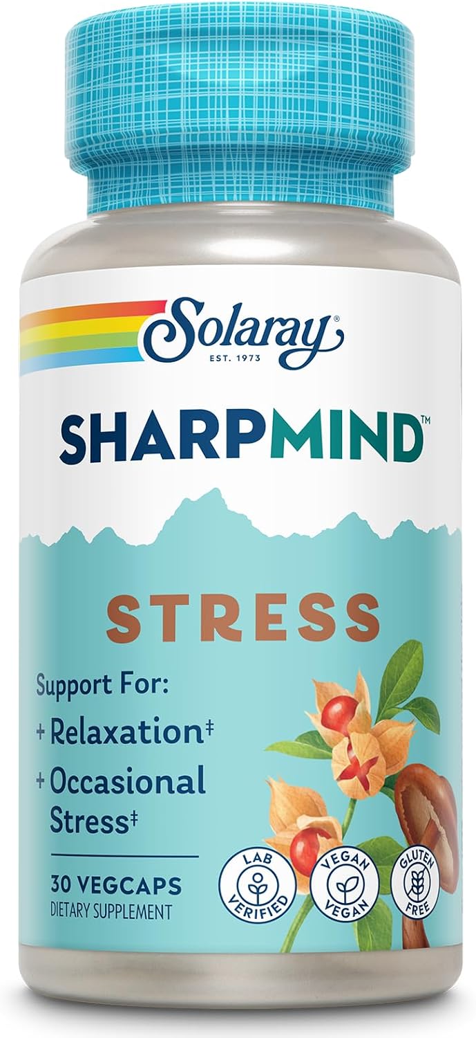 SOLARAY SharpMind Stress – Nootropic Mood Support Supplement with Ashwagandha, L-Theanine & GABA, 30 Veg Caps - görsel 1