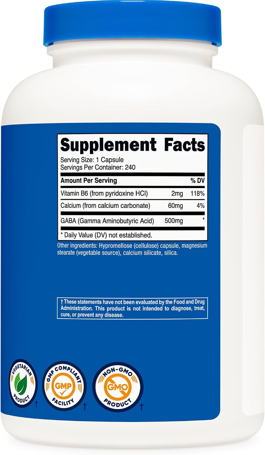 Nutricost GABA (Gamma-Aminobutyric Acid) + Vitamin B6, 500 mg per Serving, 240 Capsules - görsel 5