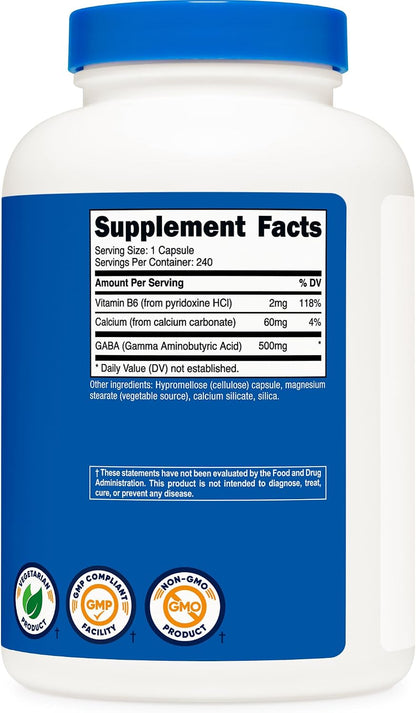 Nutricost GABA (Gamma-Aminobutyric Acid) + Vitamin B6, 500 mg per Serving, 240 Capsules