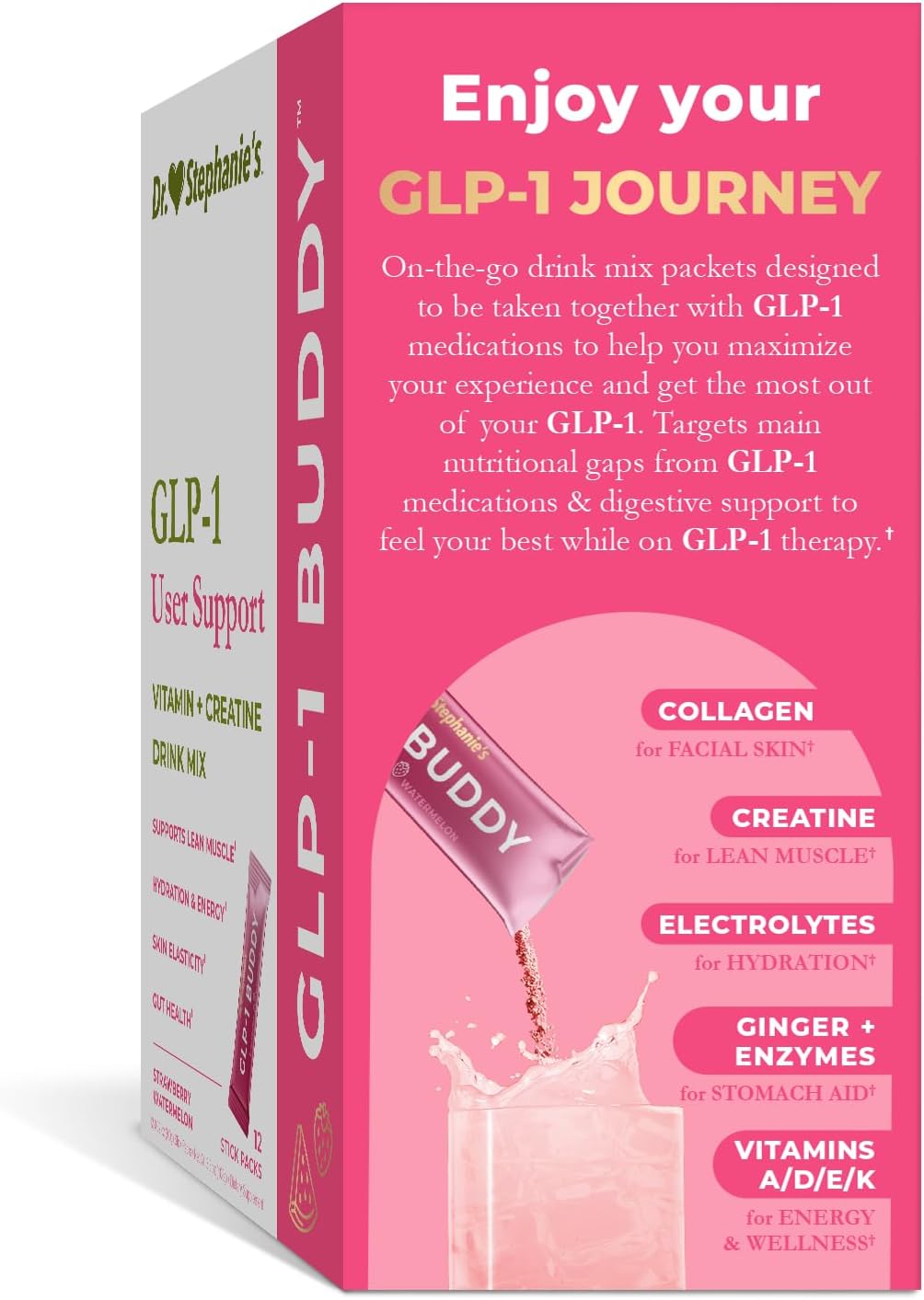 Dr. Stephanie's GLP-1 Buddy - Digestive Support, Lean Muscle Preservation, Vitamin Replenishment - Strawberry Watermelon Drink Mix - görsel 6
