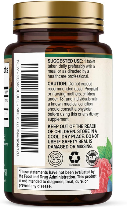 Vitamin D3 K2 Supplement | 5000 IU D3 + 100 mcg K2 (MK-7) | Chewable Tablets - Berry Flavour