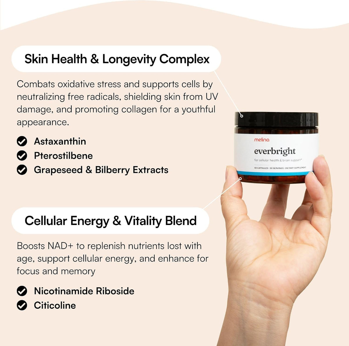 Melina Everbright NAD+ Supplement for Women Over 40 – Nicotinamide Riboside NR, Citicoline, Pterostilbene & Astaxanthin – Supports Cellular Energy, Focus & Healthy Ageing – Independently Tested, 30 Servings - görsel 3